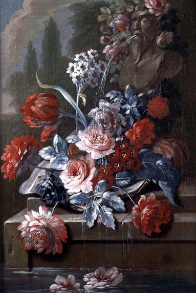 Natureza Morta das Flores por uma Fonte (óleo sobre tela) (par de 121413) de Mary Moser