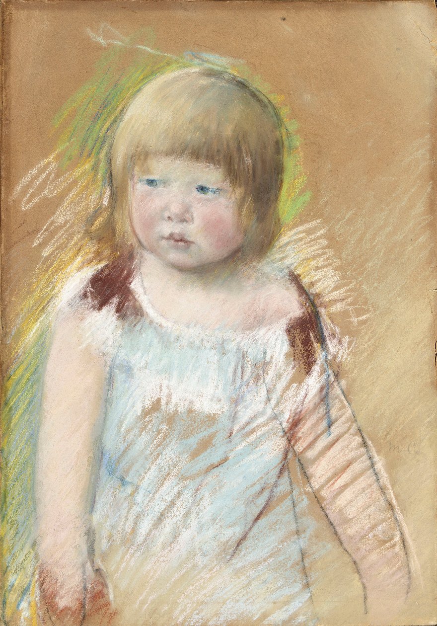 Criança com franja em um vestido azul, c.1910 de Mary Cassatt