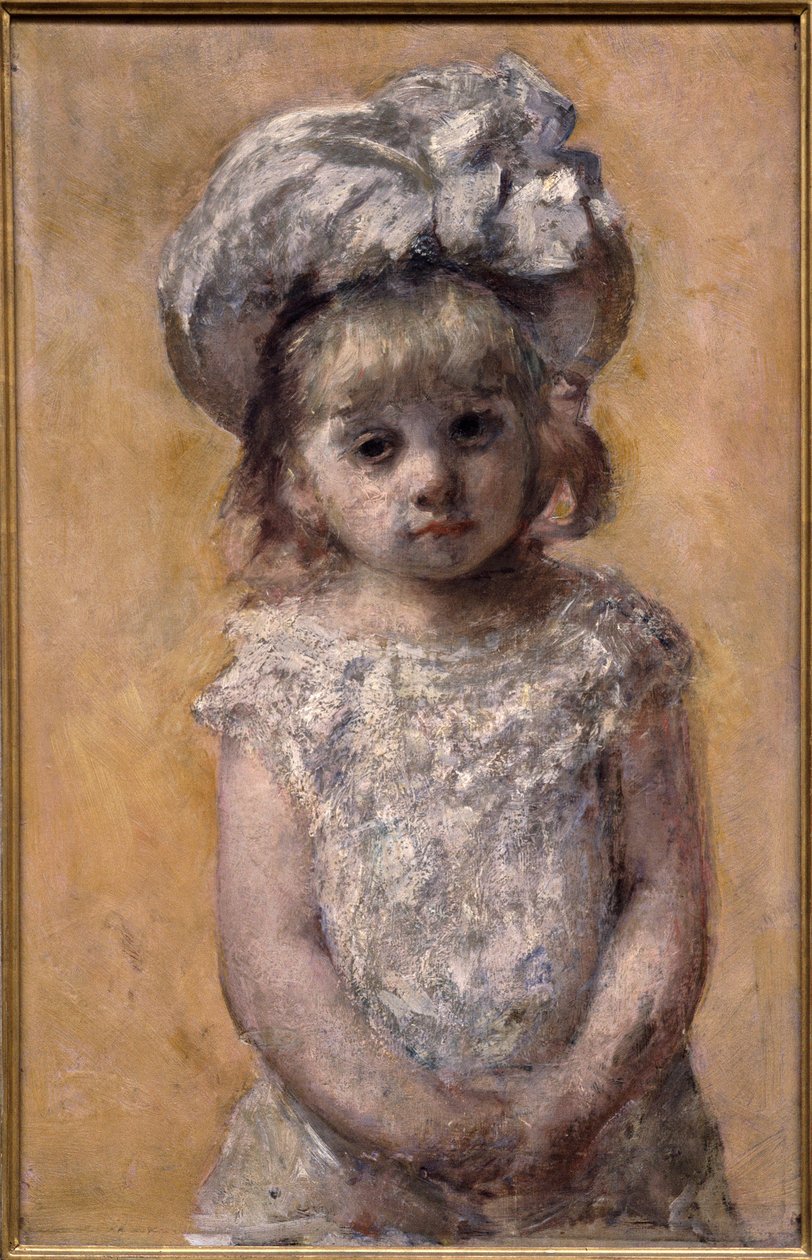 Retrato de menina ou vestido de renda. Retrato de uma menina com um vestido branco parece triste. Pintura da americana Mary Cassatt (1844-1926) de Mary Stevenson Cassatt