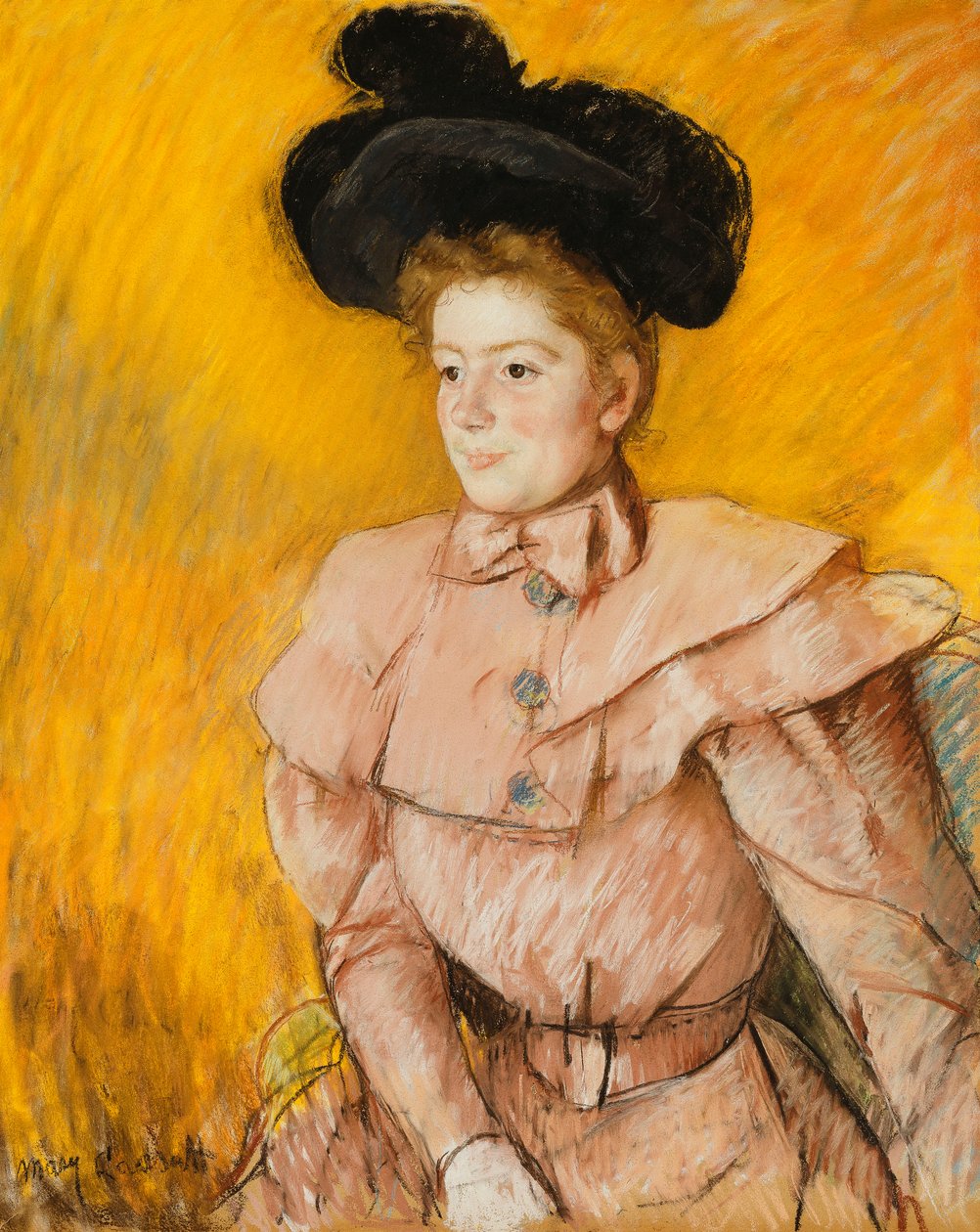 Mulher de chapéu preto e traje de framboesa rosa, c.1899 de Mary Cassatt