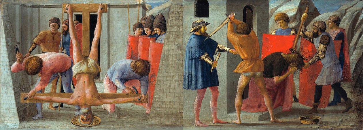 Italiano:  Masaccio crocefissione di san pietro e martirio di san giovanni Battista A crucificação do apóstolo Pedro e a decapitação de João Batista de Masaccio