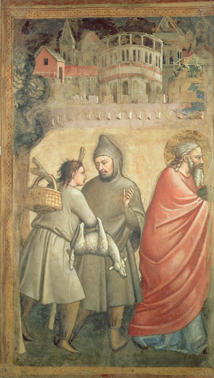 O Encontro no Golden Gate, detalhe representando dois homens conversando e a figura de Joachim de Maso di Banco