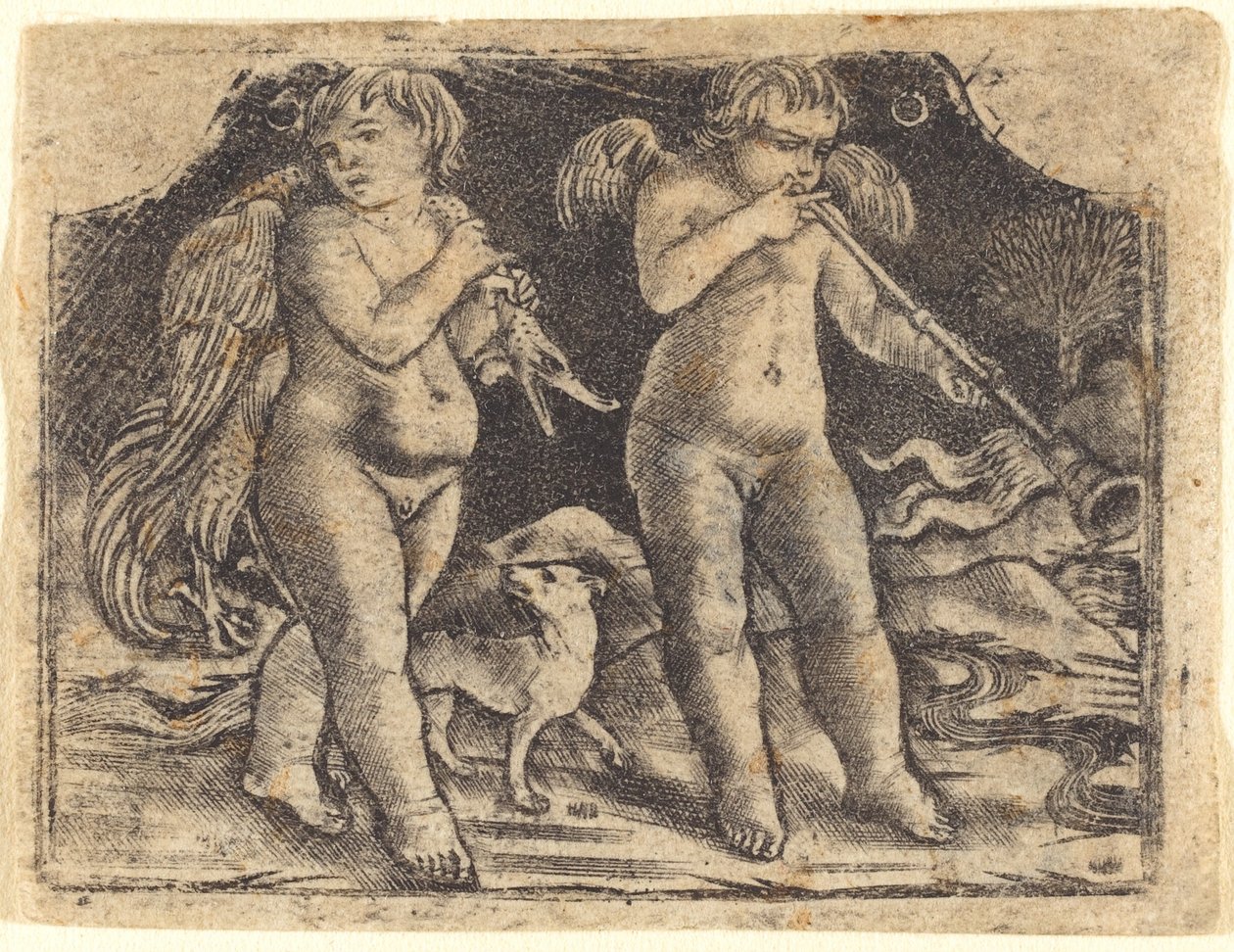 Cupido carregando uma ave acompanhada por um cachorro e outro cupido tocando trompete de Maso Finiguerra