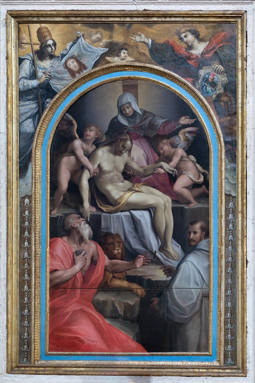 Deposição com os Santos Girolamo e Francesco, c.1550-1600 (óleo sobre painel) de Maso da San Friano