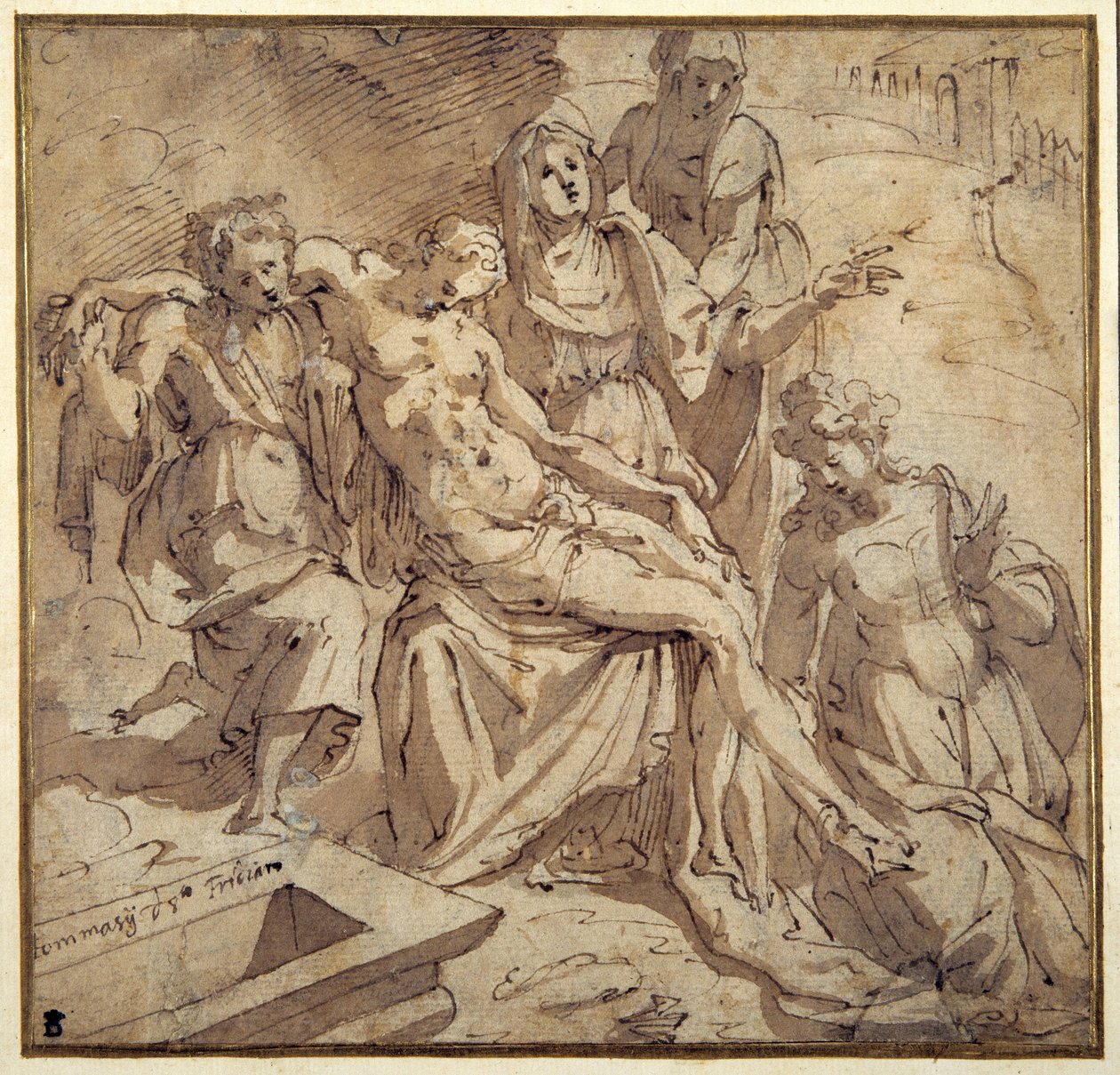A Pieta (caneta e tinta marrom com lavagem marrom em papel branco) de Maso da San Friano