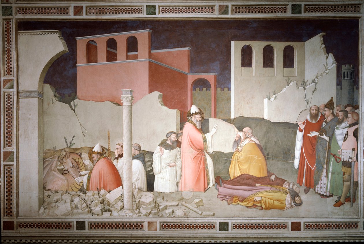 Episódios da passagem de ano: Papa São Silvestre I (Silvestre ou Silvestro) (314-335) fecha a boca do dragão (esquerda) e ressuscita dois terraços de magos pelo sopro do dragão (Papa Silvestre I afastando um dragão e reanimando as suas vítimas) - Fre de Maso di Banco