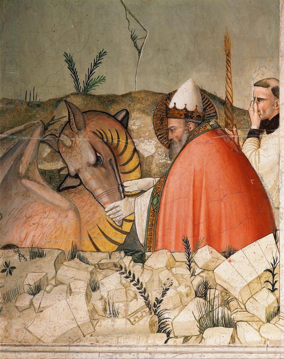 Episódios da vida de Ano Novo: Papa São Silvestre I (Silvester ou Silvestro) (314-335) fecha a boca do dragão. Detalhe. Fresco por Maso di Banco (conhecido por volta de 1341-1346) Florença do século XIV, Chiesa di Santa Croce, Cappella Bardi de Maso di Banco