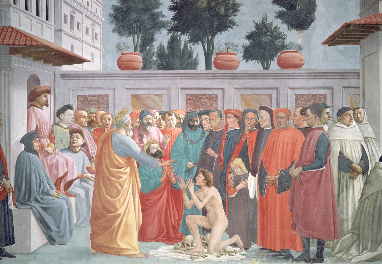 A ressurreição de Teófilo, o filho do rei de Antioquia, do registro inferior esquerdo da capela, c.1425-27, completou 1484-85 (detalhe de 63302) de Filippino Lippi
