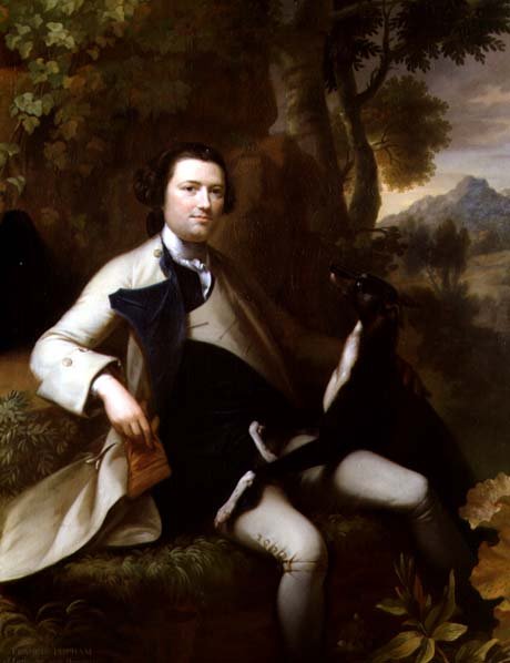Francis Popham (d.1780) sentado numa paisagem arborizada com o seu Greyhound (óleo sobre tela) de Mason Chamberlain