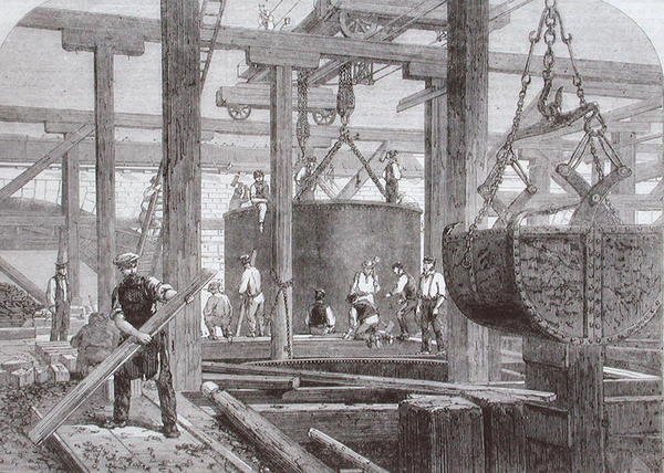 Vista dos trabalhos de construção na Ponte Blackfriars para a London, Chatham e Dover Railway mostrando o afundamento de um cilindro para um dos pilares de pedra circular de Mason Jackson