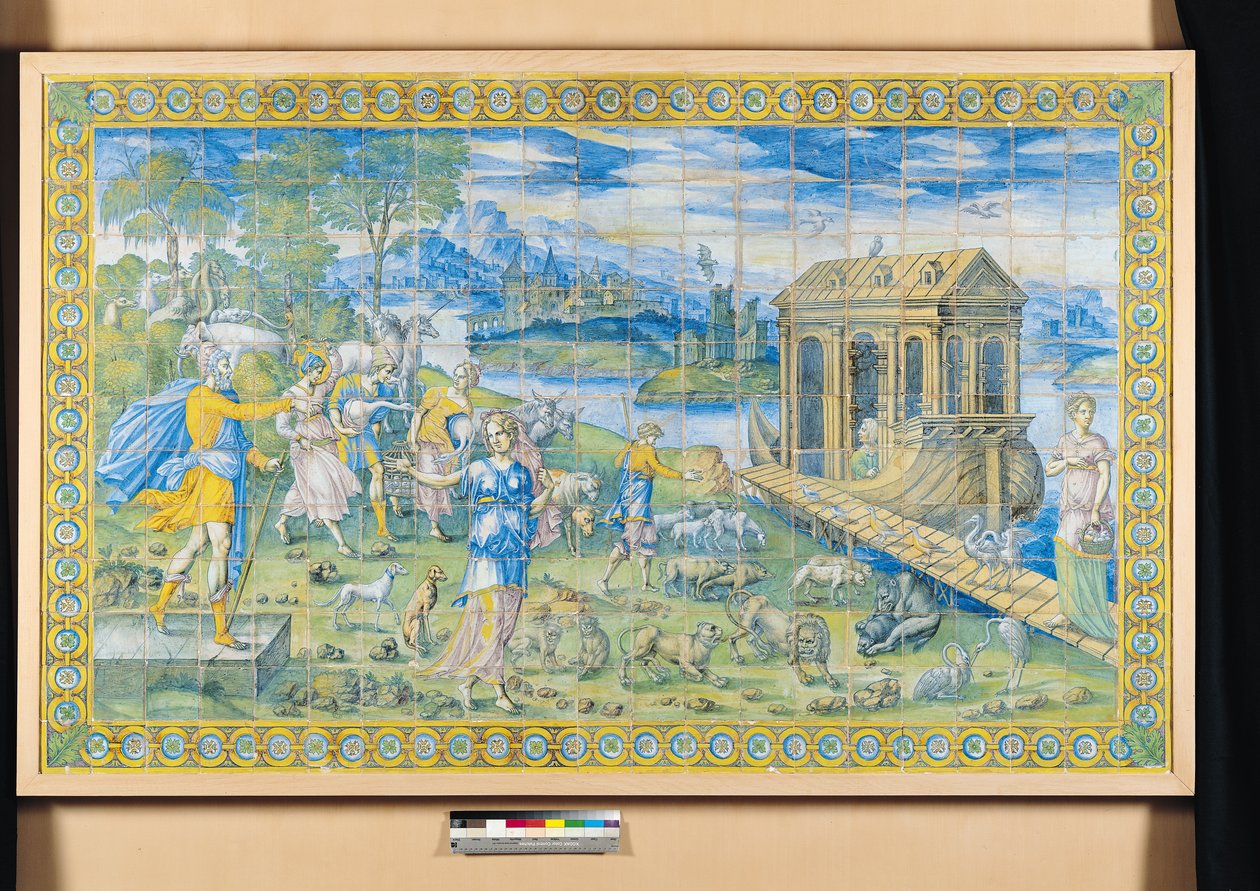 Azulejo representando a história de Noé: Embarcando na Arca (cerâmica) de Masseot Abaquesne