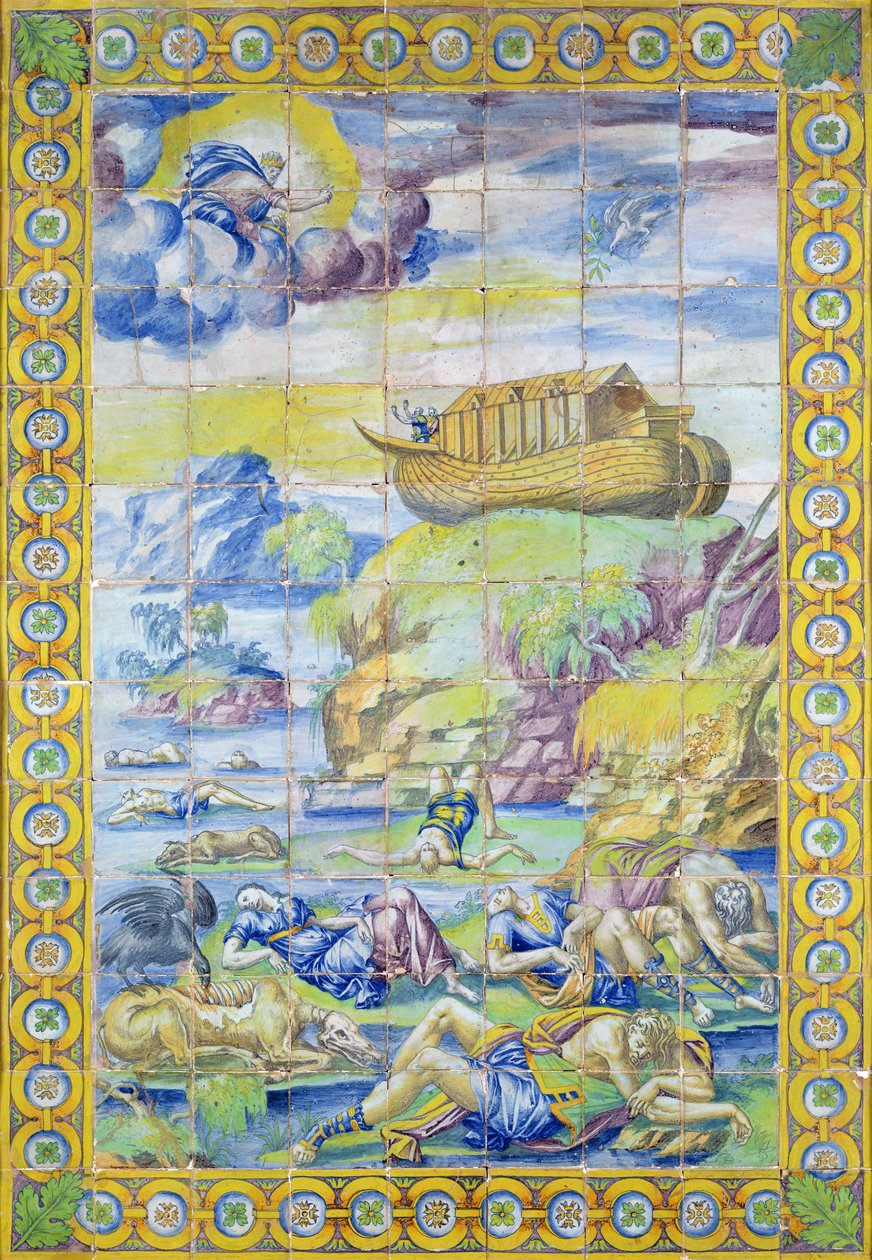 Azulejo representando a história de Noé: A Arca no Monte Ararat depois do Dilúvio, feita em Rouen (faiança) de Masseot Abaquesne