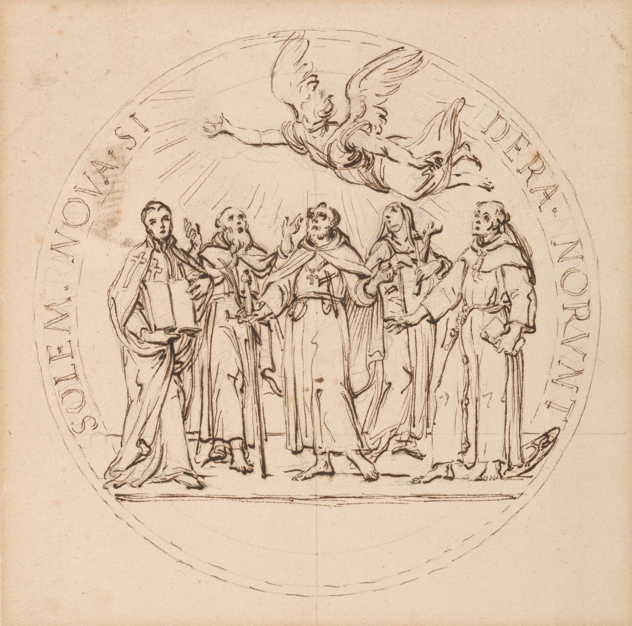 Design para um Medalhão Papal para a Canonização por Clemente X de São Pio, São Gaetano dei Conti di Thiene, São Francisco Borgia, S. J., São Luís Bertrand, O.P., e Santa Margarida Q(ueen) da Escócia de Massimiliano Soldani