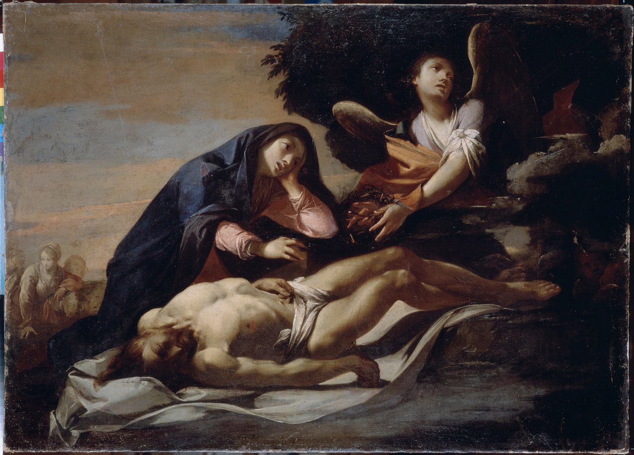 Lamentação sobre o corpo de Cristo. Pintura de Massimo Stanzione (ca. 1585-ca. 1658), óleo sobre tela, meados do século XVII, arte italiana, arte barroca. Museu de História e Arte, Jytomyr (Ucrânia) de Massimo Stanzione