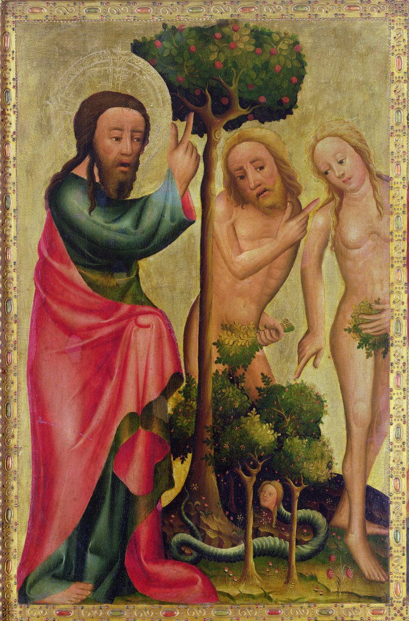 Deus Pai Castiga Adão e Eva, detalhe do Retábulo de Grabow, 1379-83 (têmpera no painel) de Master Bertram of Minden