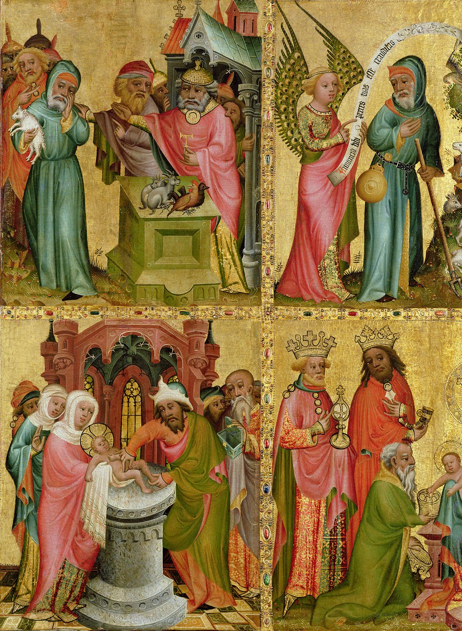 O sacrifício de Joaquim e a circuncisão de Cristo, da ala esquerda do altar de Buxtehude, 1400-10 (têmpera no painel) (detalhe de 159469) de Master Bertram of Minden