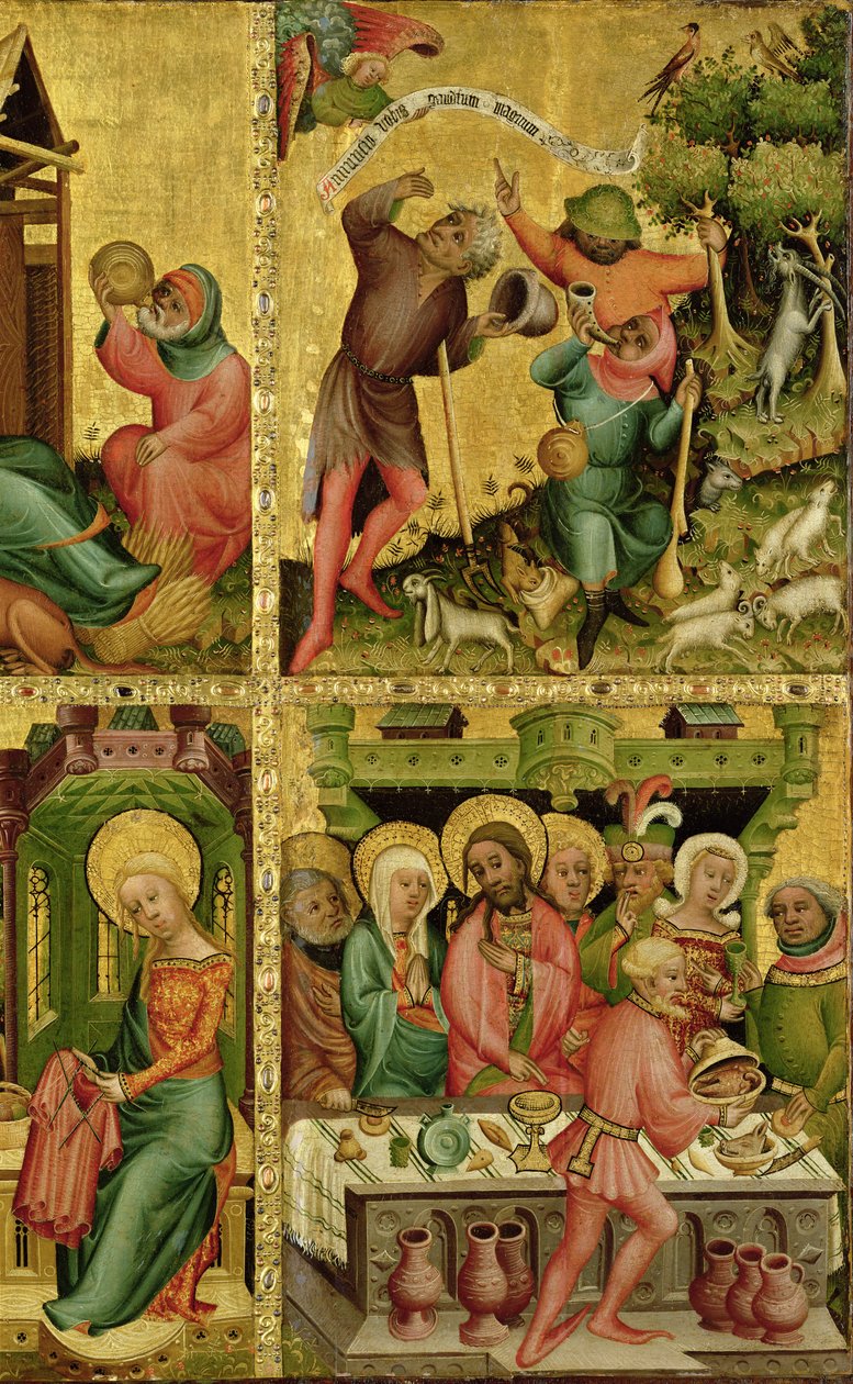 A Anunciação aos Pastores e o Casamento em Caná, da ala direita do Altar de Buxtehude, 1400-10 (têmpera sobre carvalho) de Master Bertram of Minden