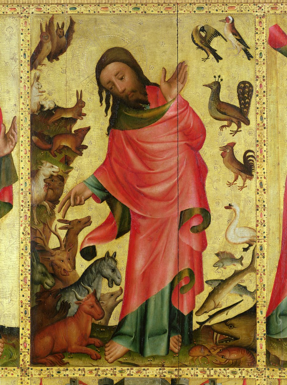 A criação dos animais, detalhe do retábulo de Grabow, 1379-83 (tempera no painel) de Master Bertram of Minden