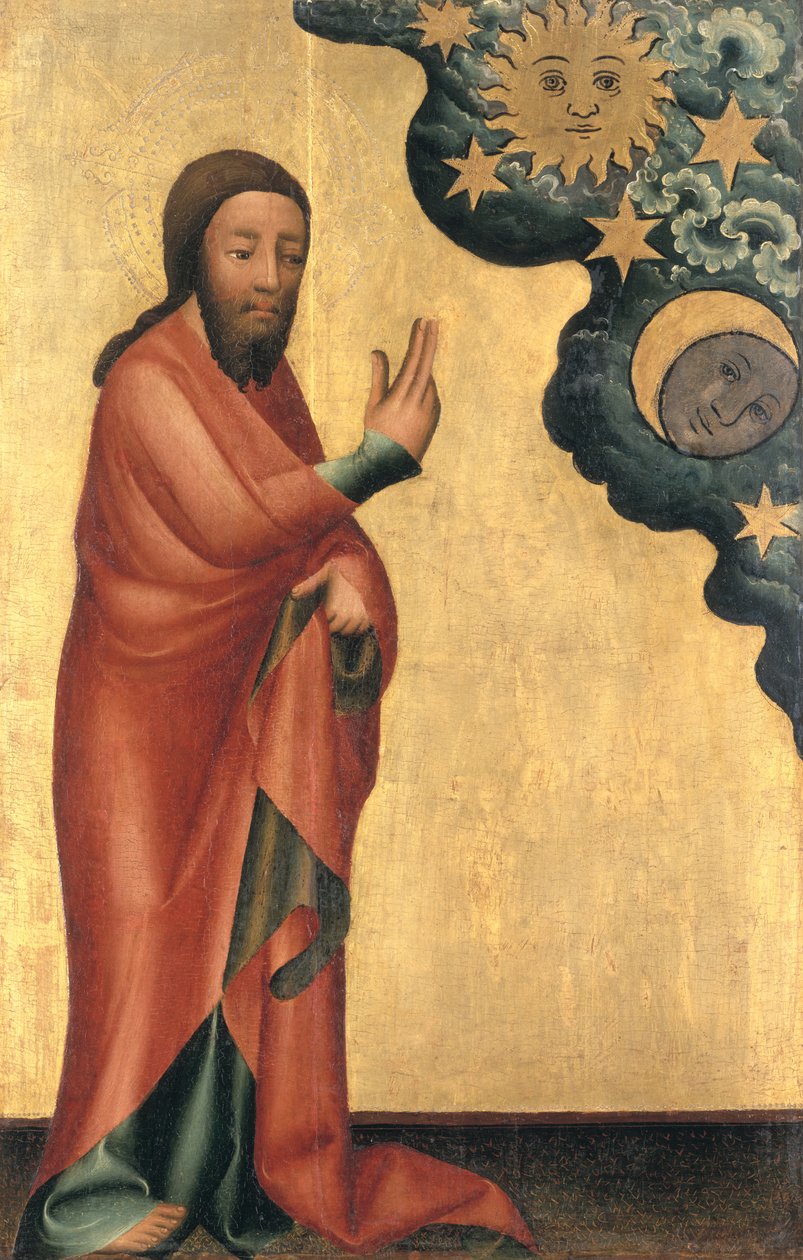 A Criação do Sol, da Lua e das estrelas, detalhes do Retábulo de Grabow, 1379-83 (têmpera no painel) de Master Bertram of Minden
