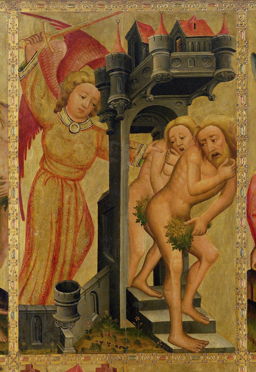 A Expulsão do Jardim do Paraíso, detalhe do Retábulo de Grabow, 1379-83 (têmpera no painel) de Master Bertram of Minden
