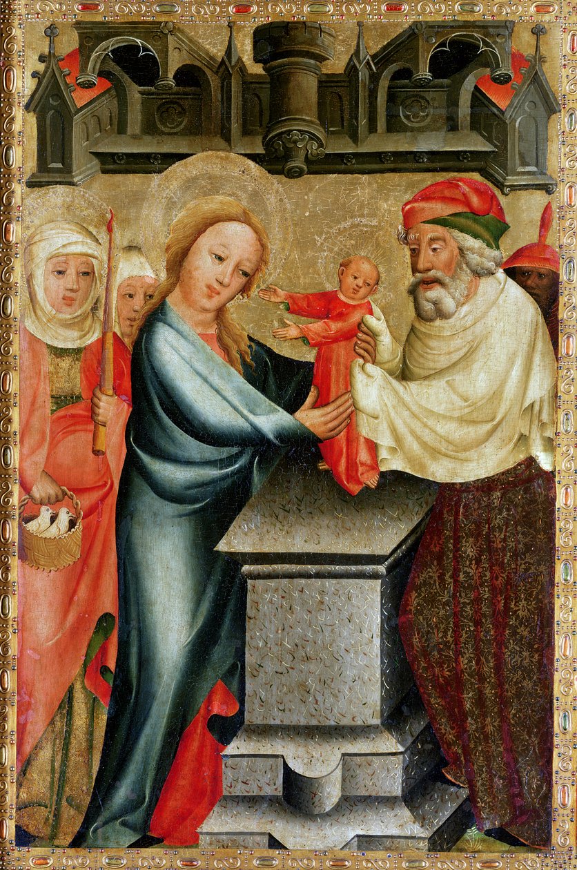 A Apresentação de Cristo no Templo, detalhe do Retábulo de Grabow, 1379-83 (têmpera no painel) de Master Bertram of Minden