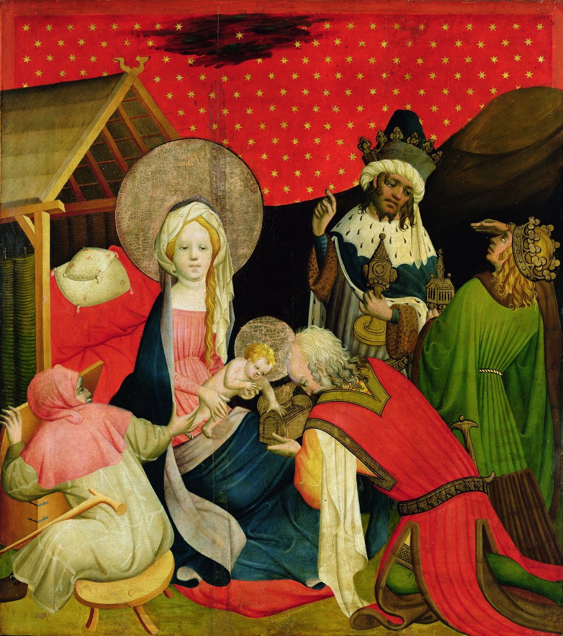 A adoração dos Magos, painel do St. Thomas Altar da Igreja de São João, em Hamburgo, iniciada em 1424 (tempera und oil on panel) de Master Francke
