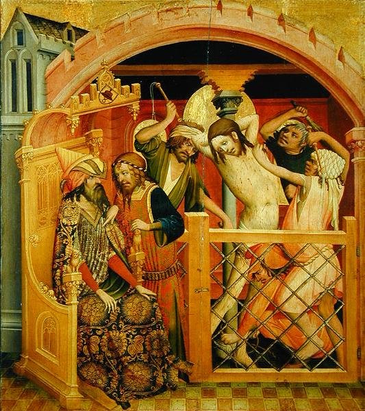 A Flagelação de Cristo, painel do St. Thomas Altar da St. Johns Church em Hamburgo, iniciada em 1424 (têmpera & óleo no painel) de Master Francke Master Francke