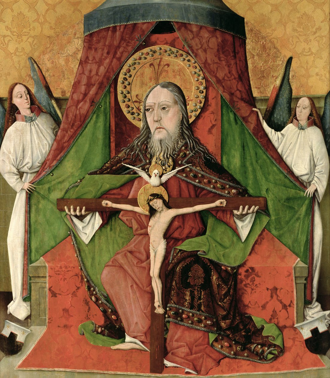 A Santíssima Trindade, painel central do retábulo-mor da Igreja da Santíssima Trindade em Mosóc (hoje Mošovce, Eslováquia) 1471 (temperada de ovo no painel) de Master Gh