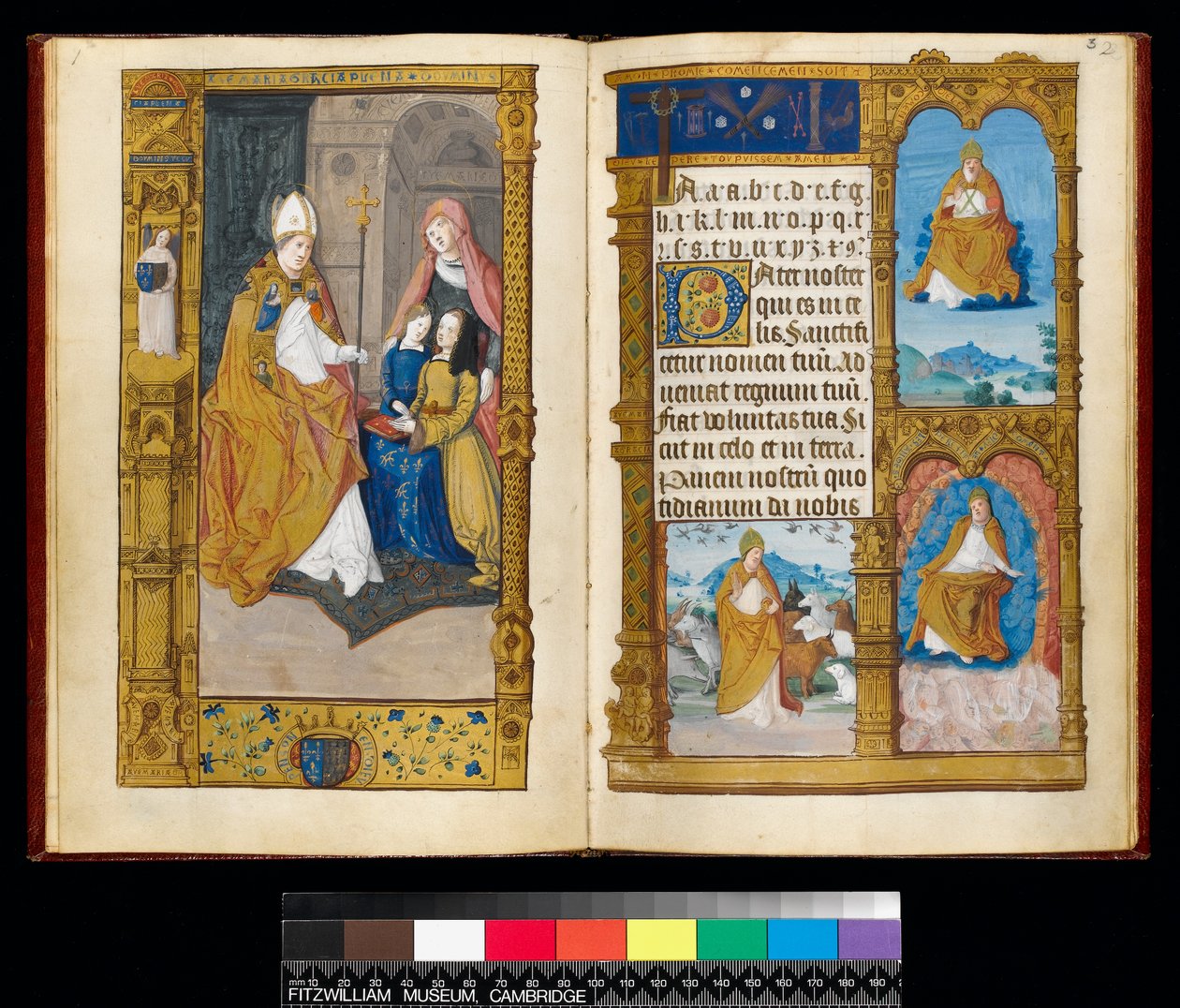 Sra. 159, fol 2v e 3r Anne of Brittany apresenta a St Claude, de "The Primer of Claude de France" (tinta e tinta dourada sobre pergaminho) de Master of Antoine de Roche