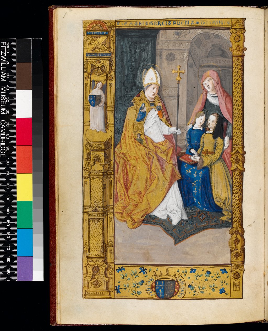 A Sra. 159, seguidora Anne da Bretanha, apresentou a São Claude, de "The Primer of Claude de France" (tinta e tinta dourada sobre pergaminho) de Master of Antoine de Roche