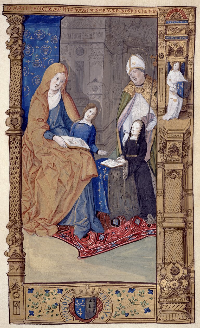 Ms.159.p14 St. Claude apresenta uma menina ajoelhada para Santa Ana e a Virgem, da cartilha de Claude de France, c.1500-10 (tinta e tinta dourada em pergaminho) de Master of Antoine de Roche