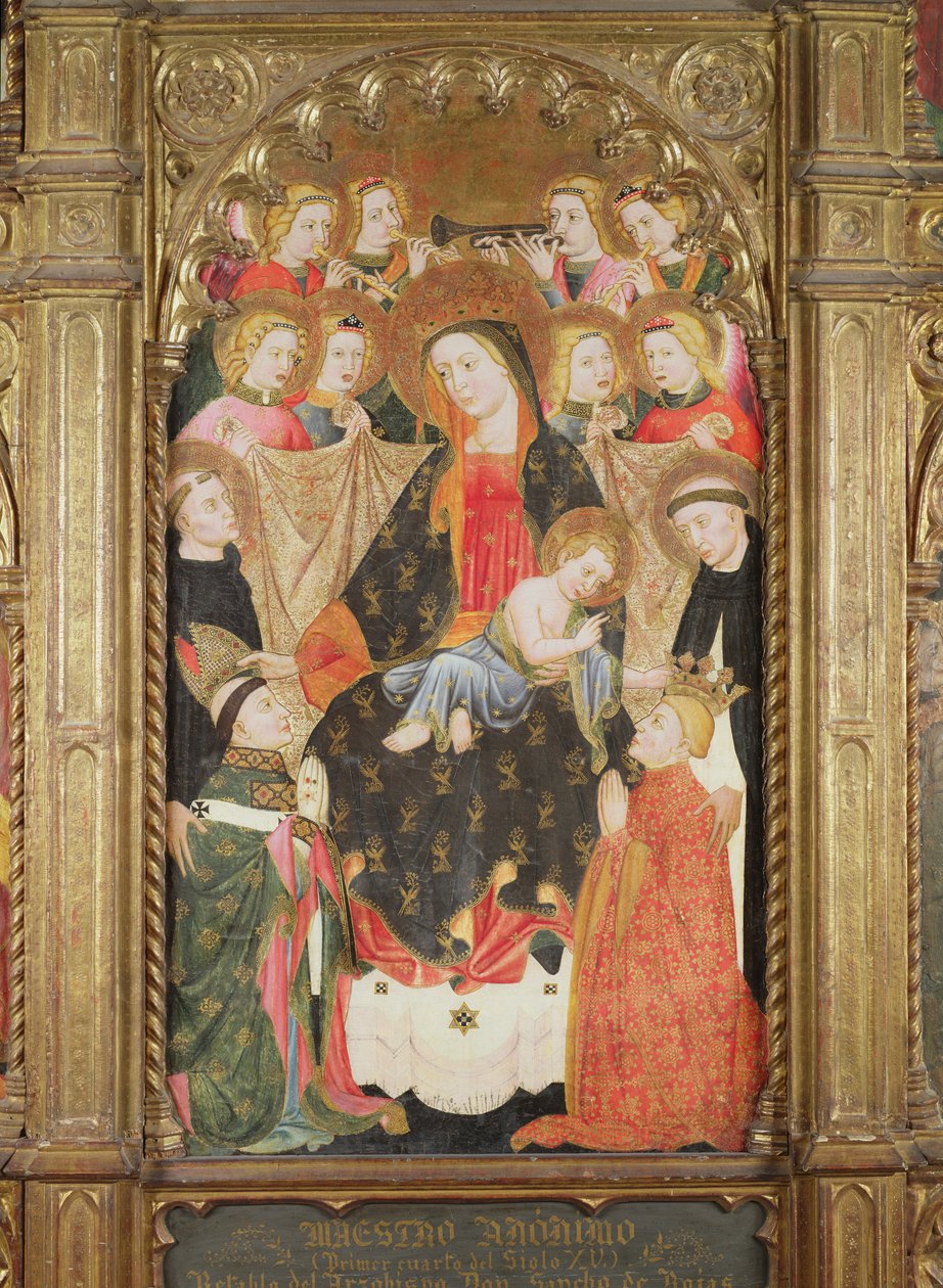 Retábulo mostrando a Virgem e o Menino com Anjos, Santos Dominicanos e Dois Doadores de Master of Archbishop Don Sancho Rojas