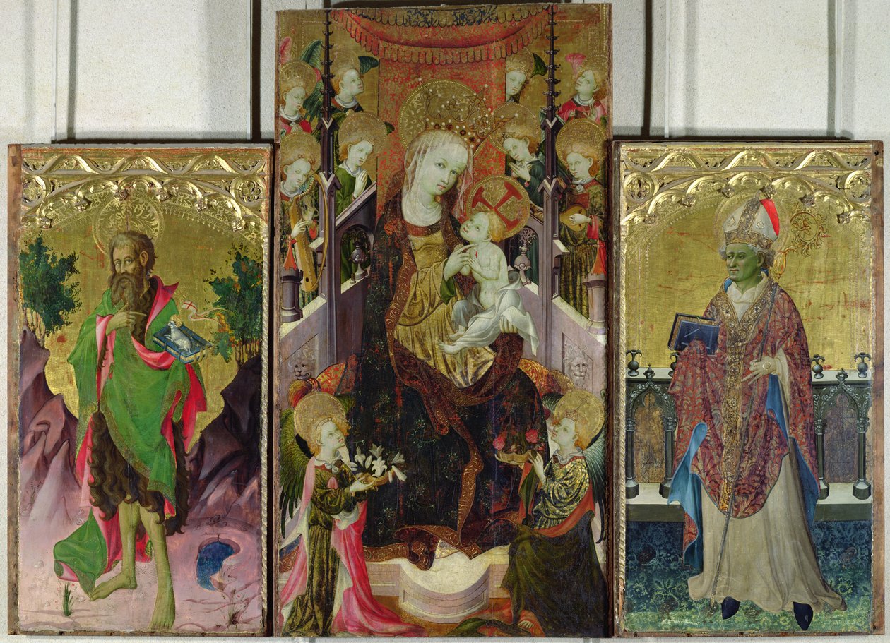 Madonna e criança entronizada cercada por anjos com São João Batista e Santo Ambrósio, 1400-30 (ver 95111 para detalhes) de Master of Burgo de Osma