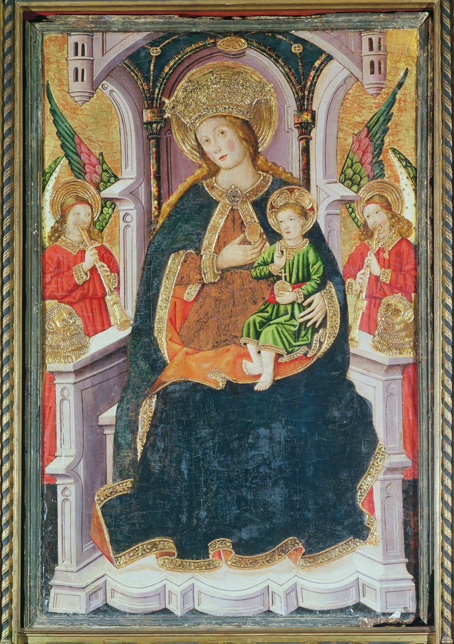 Virgem e criança com músicos de anjo (tempera no painel) de Master of Burgo de Osma