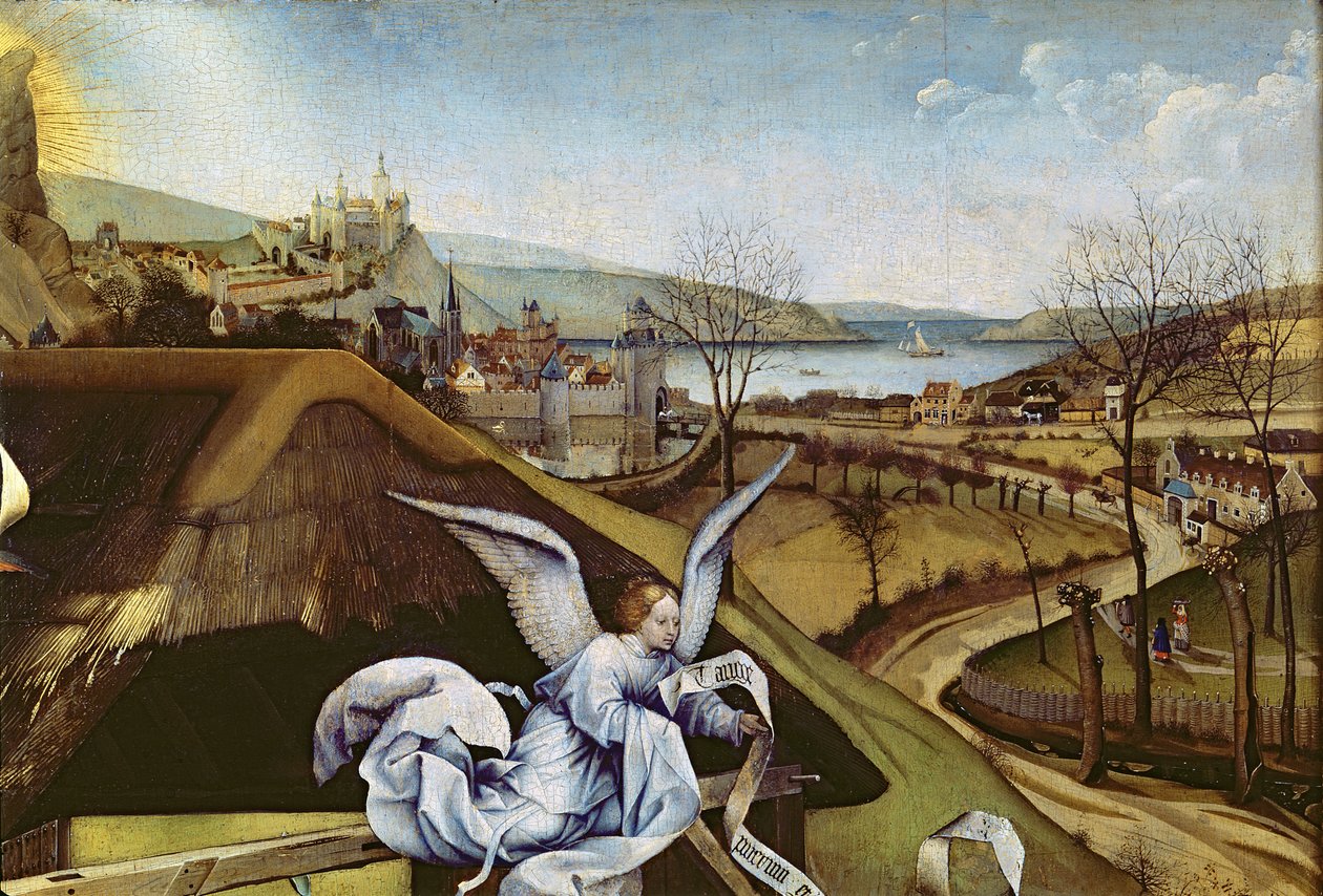 Natividade, detalhe da paisagem, c.1425 (detalhe de 128673) de Master of Flémalle