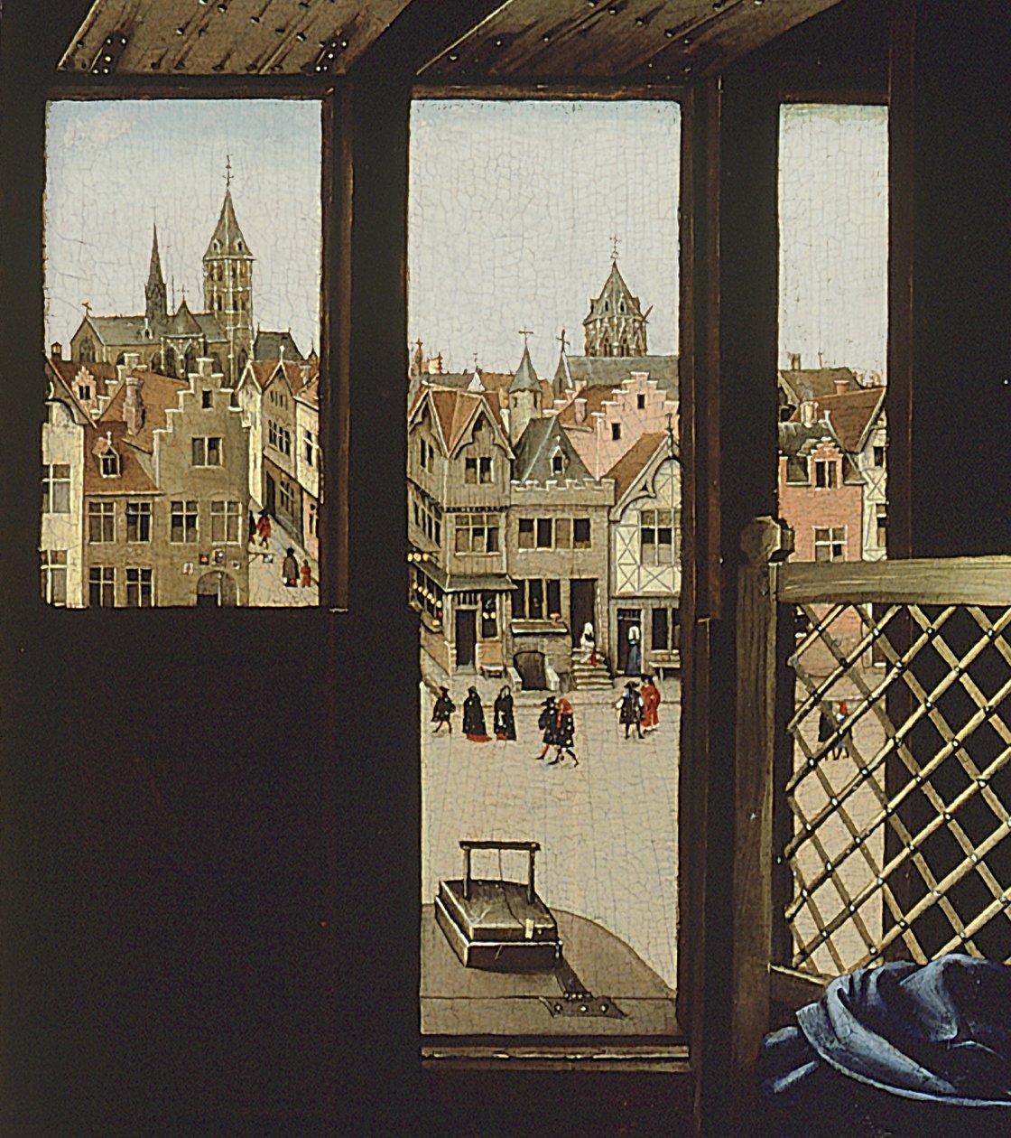 São José Retratado como um Carpinteiro Medieval, detalhe da janela do painel do lado direito do Mertar Retábulo, c.1427-32 de Master of Flémalle