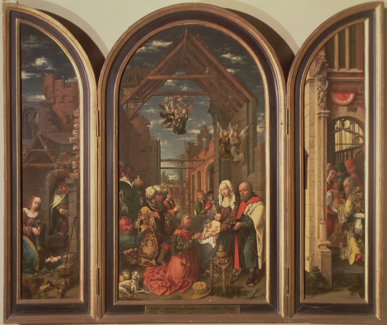 Tríptico, representando a Adoração dos Magos (centro), a Natividade (esquerda) e a Circuncisão (direita), c.1512 (painel) de Master of Frankfurt
