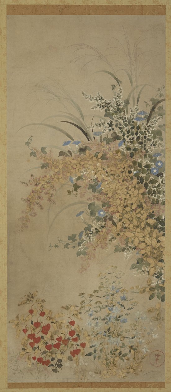 Flores e gramíneas, rolo de suspensão (montado no painel), 1600-30 (tinta e cor no papel) de Master of I nen Seal