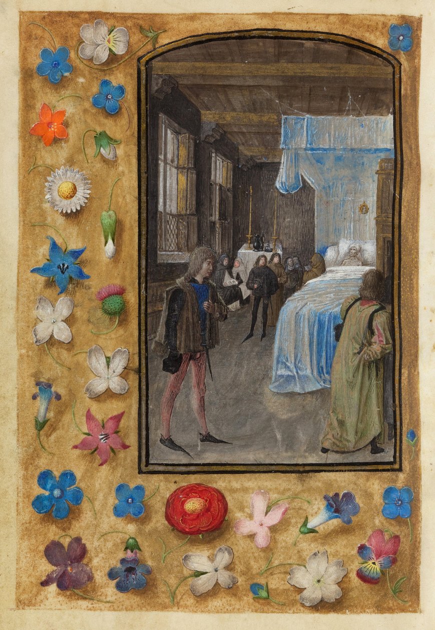 Morrendo na cama no livro de horas de William Hastings de Master of Mary of Burgundy