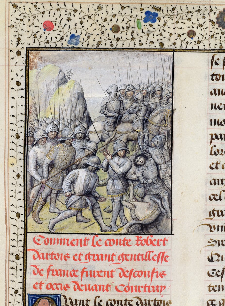 Ms 659 f.137 r. Os flamengos derrotam o exército francês na Batalha dos Golden Spurs perto de Courtrai em 1302, 1477 de Master of Mary of Burgundy