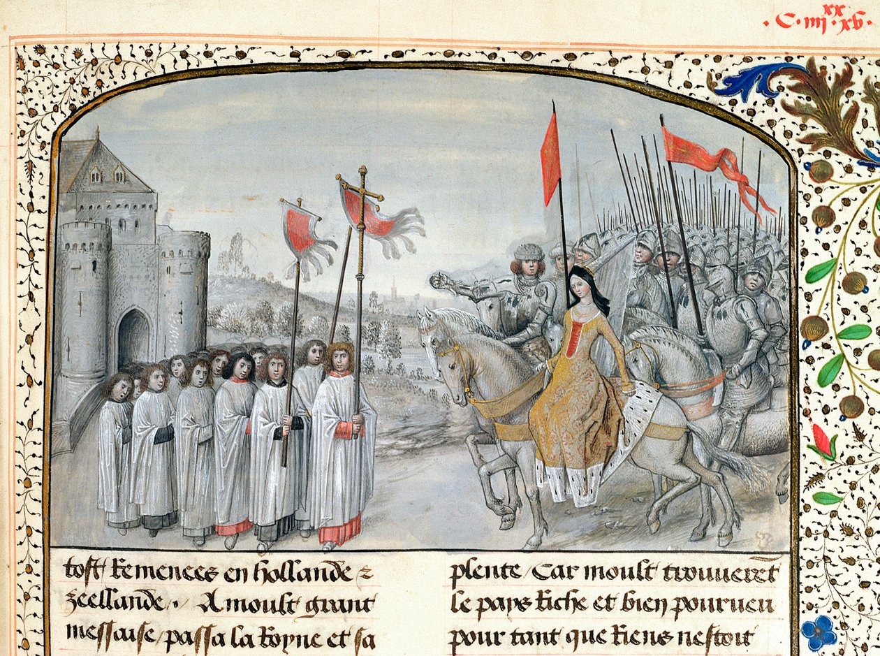 Ms 659 f.195. Rainha Isabella (1292-1358) da França e seu filho Eduardo III (1312-1377) são bem-vindos em Oxford em 1326, 1477 de Master of Mary of Burgundy