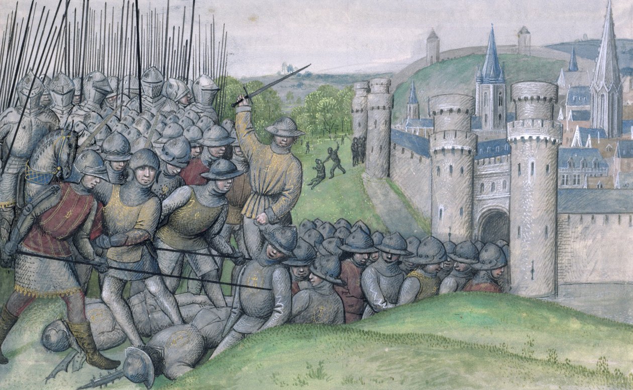 Ms 659 f.282r Louis, Conde de Flandres e a cidade de Bruges são derrotados por Filips van Artefelde e o povo de Ghent na Batalha de Bevenhoutsveld em 1382, 1477 de Master of Mary of Burgundy