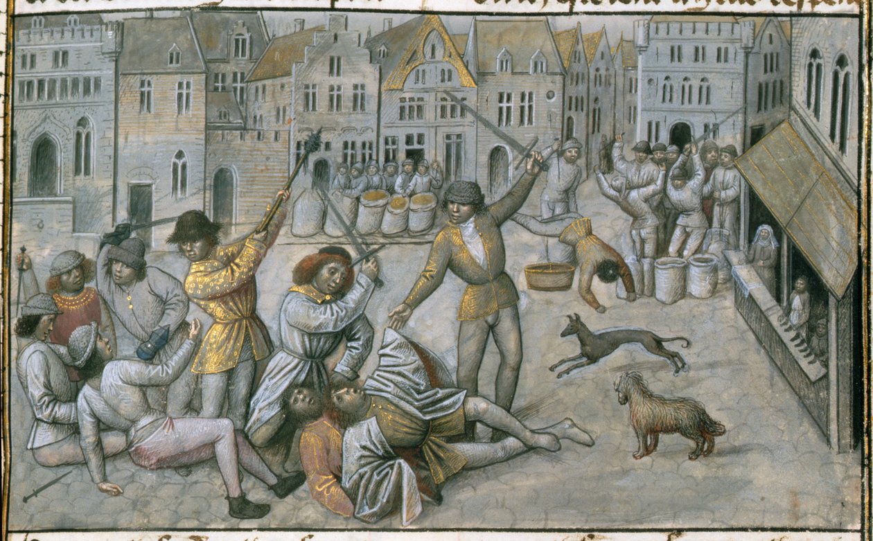 Ms 659 fol.226r A família Artevelde. Brigas de rua em Ghent, detalhe de velino em 1477 de 270533 de Master of Mary of Burgundy