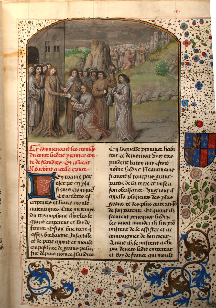 Ms 659 foleral Charlemagne nomeia o primeiro conde de Flandres, 1477 de Master of Mary of Burgundy