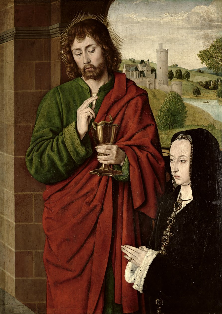 Ana de França (1462-1522) Senhora de Beaujeu, duquesa de Bourbon, apresentada por São João Evangelista, ala direita de um tríptico, c.1492-93 (painel no painel) de Master of Moulins
