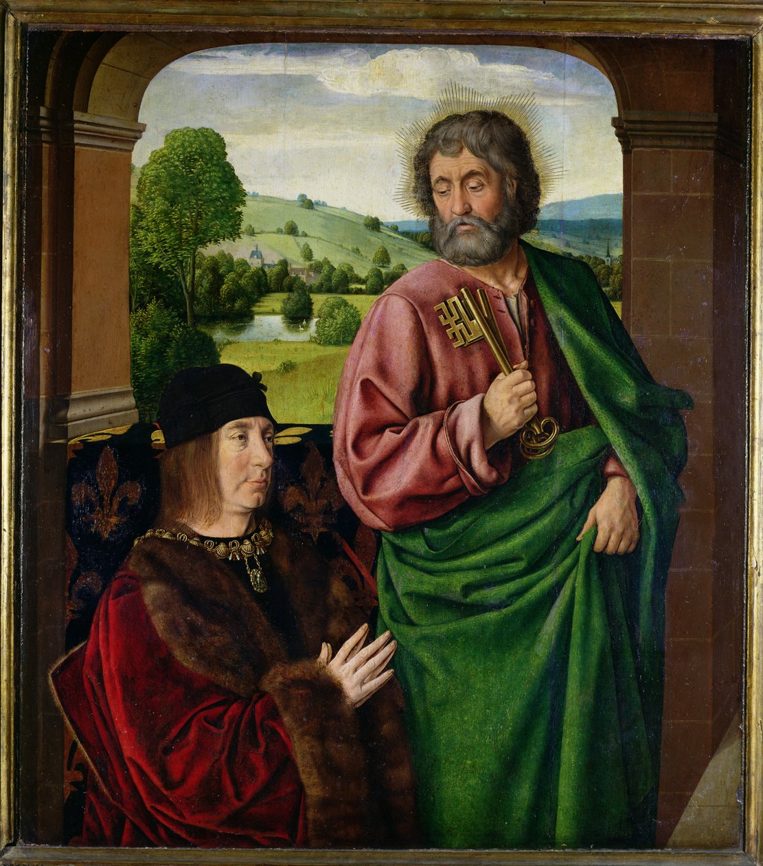 Pedro II (1439-1503) Duque de Bourbon apresentado por São Pedro, ala esquerda de um tríptico, c.1492-93 de Master of Moulins