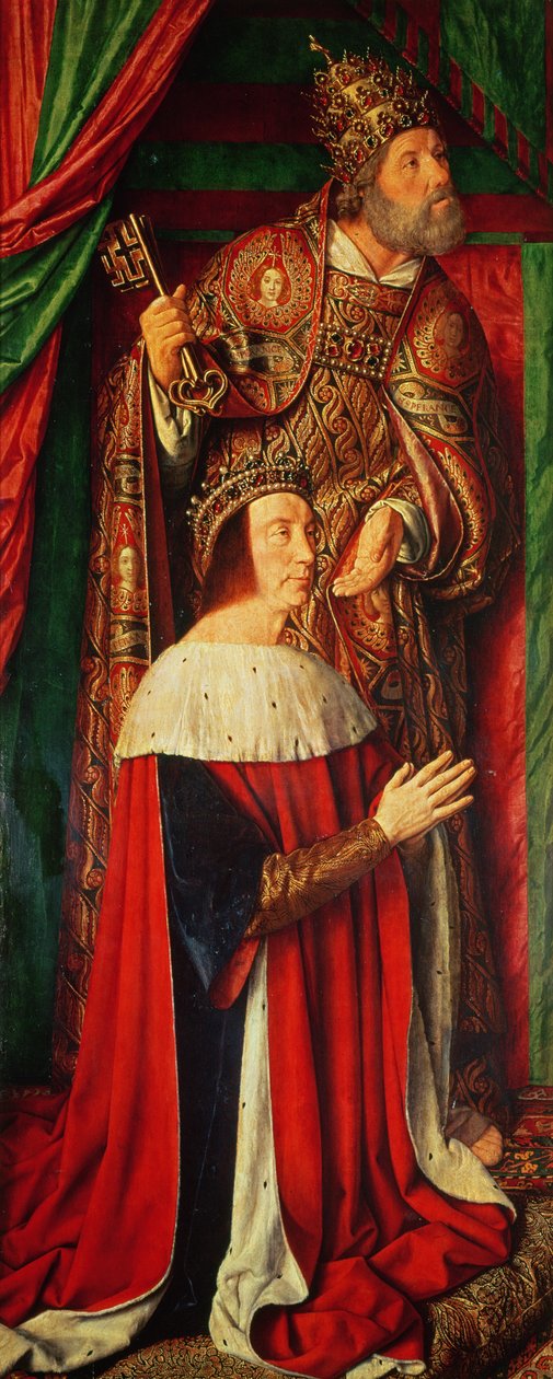 Peter II de Beaujeu de Bourbon com São Pedro, ala esquerda do retábulo de Bourbon de Master of Moulins