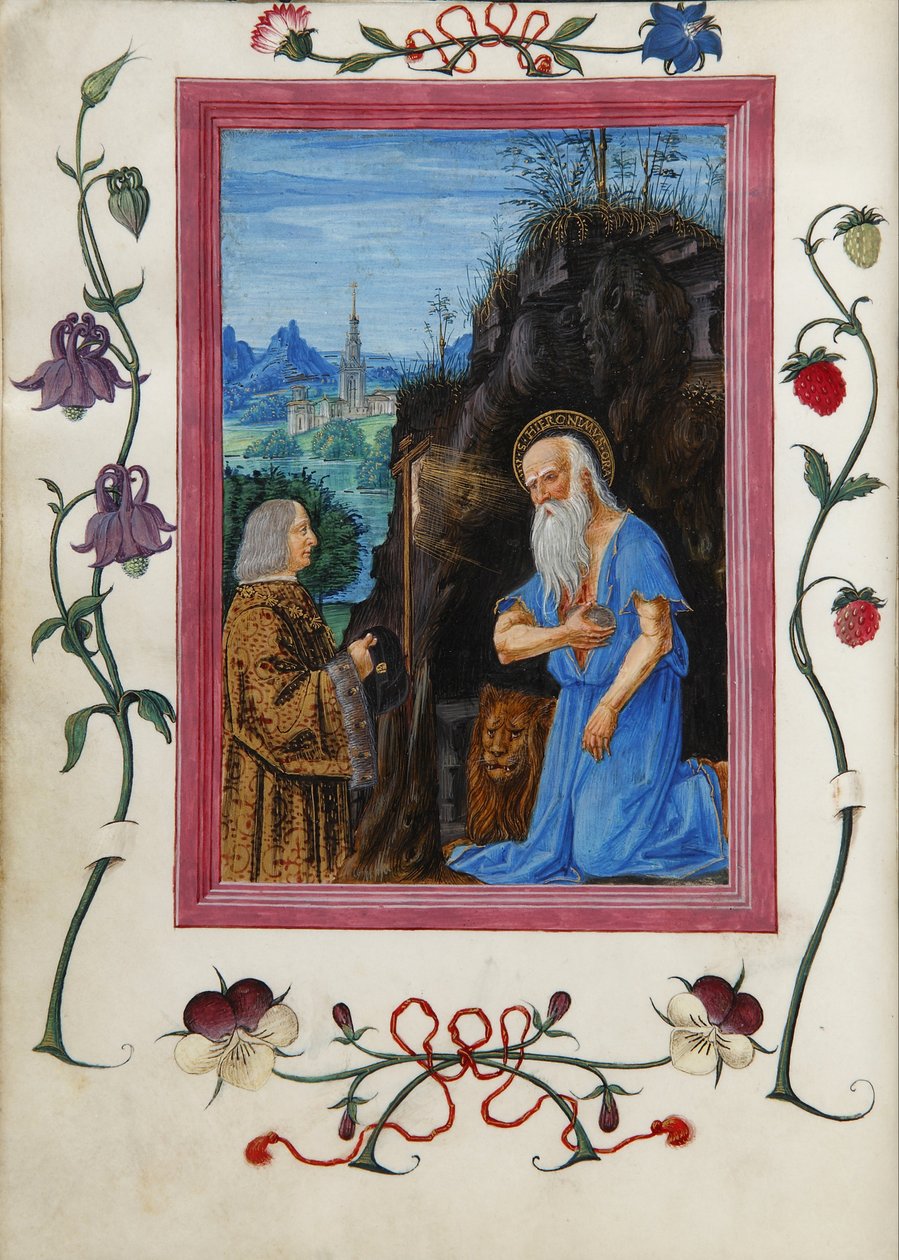 Gian Giacomo Trivulzio com Saint Hieronymus no livro de horas de Gian Giacomo Trivulzio de Master of Ore Landriani and Giovan Battista de the Lorenz