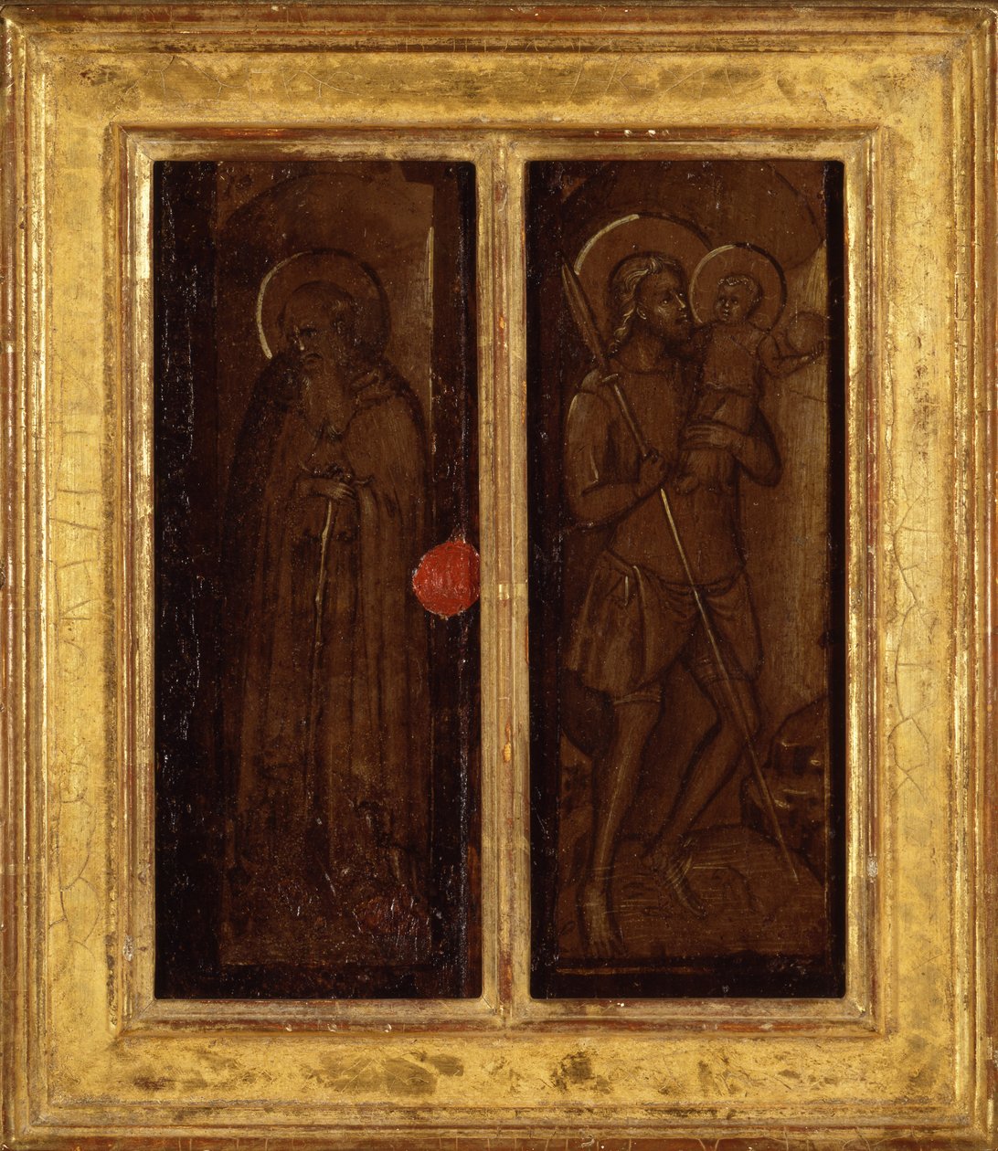 Parte de trás dos Santos James, Anthony Abbot, Francis e Ansanus, c.1385-90 (têmpera no painel) de Master of Panzano