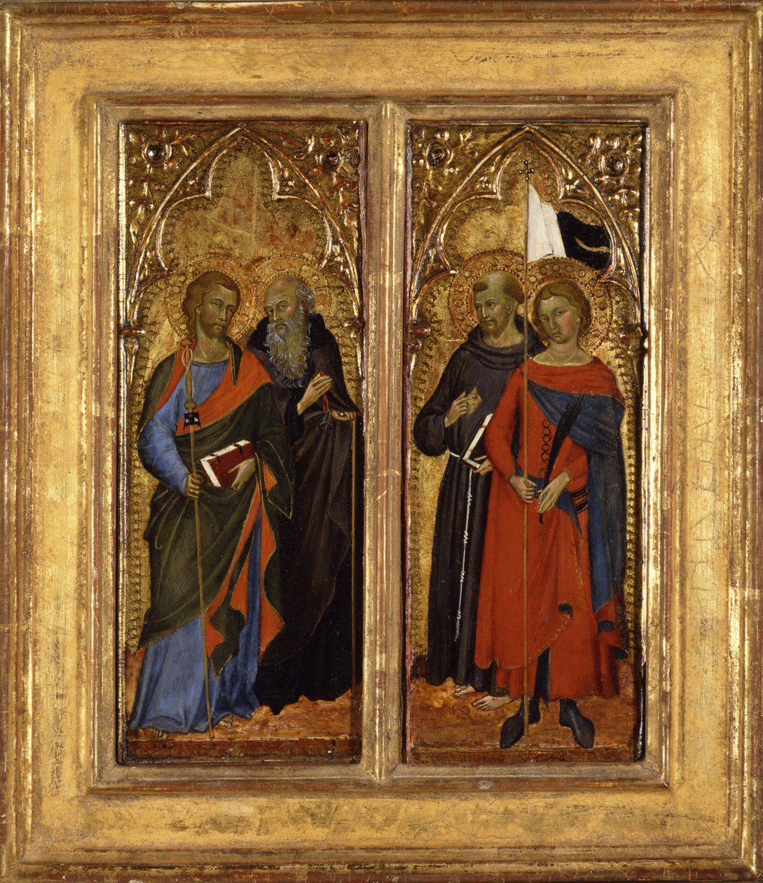 Santos James, Anthony Abbot, Francis e Ansanus, c.1385-90 (tempera no painel) de Master of Panzano